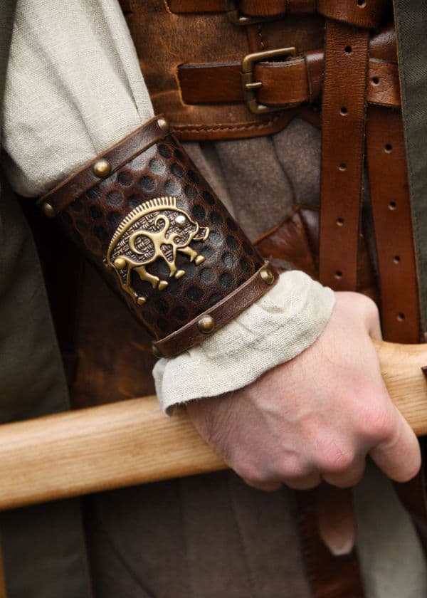 Leather Wrist Guard with Celtic Wild Boar Motif