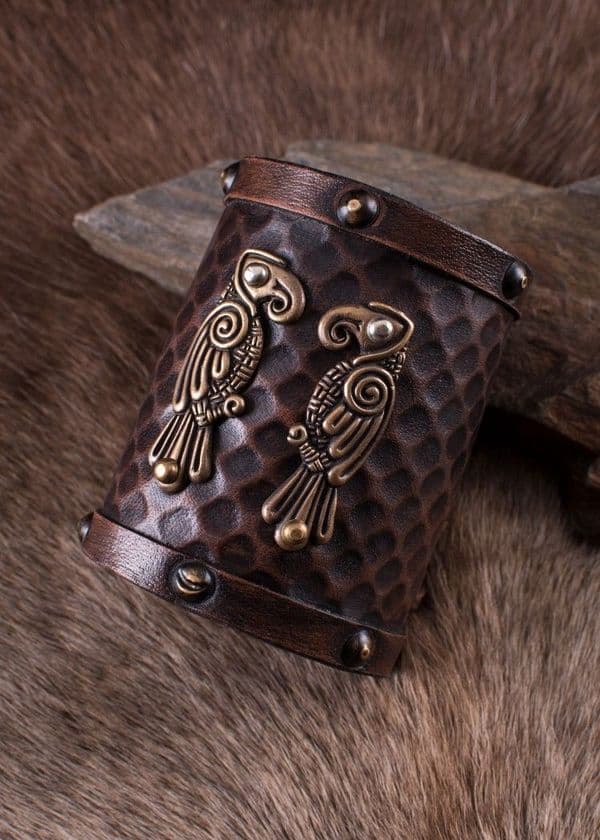 Leather Wrist Guard with Norse Ravens- Hugin and Munin