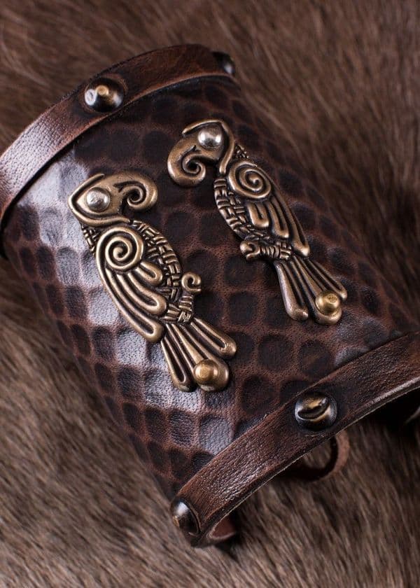 Leather Wrist Guard with Norse Ravens- Hugin and Munin