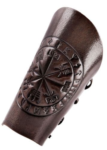 Leather Wristguard with Vegvísir Embossing, Brown