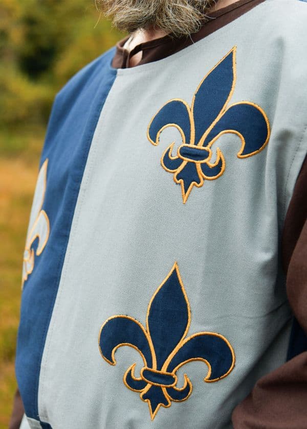 Lined Medieval Tabard with Lily, Mi-Parti, Blue - Blue-Grey