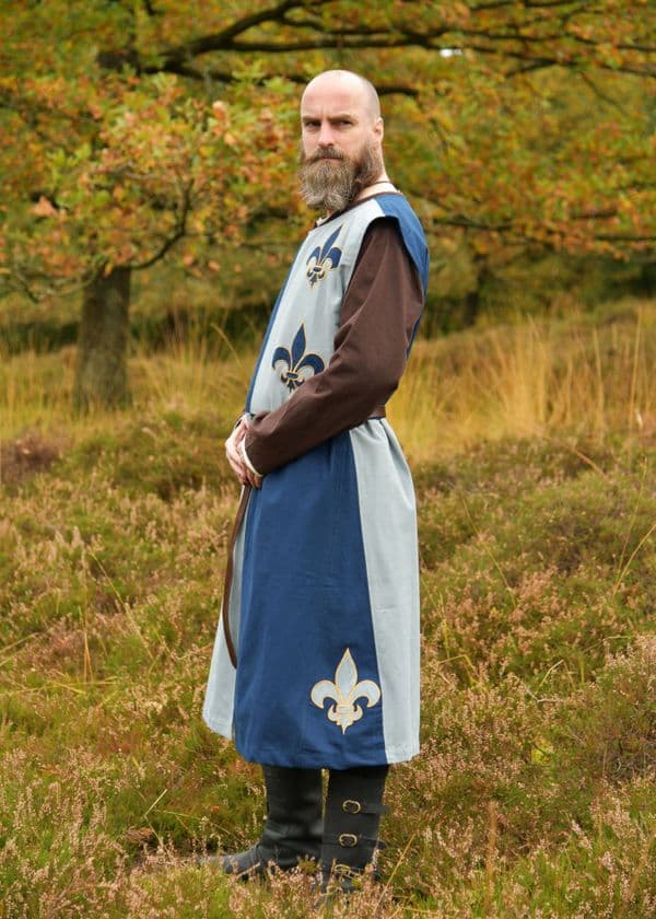 Lined Medieval Tabard with Lily, Mi-Parti, Blue - Blue-Grey