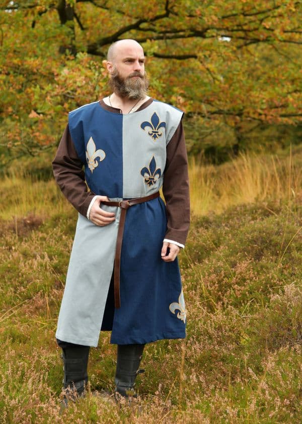 Lined Medieval Tabard with Lily, Mi-Parti, Blue - Blue-Grey