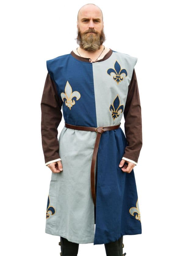 Lined Medieval Tabard with Lily, Mi-Parti, Blue - Blue-Grey