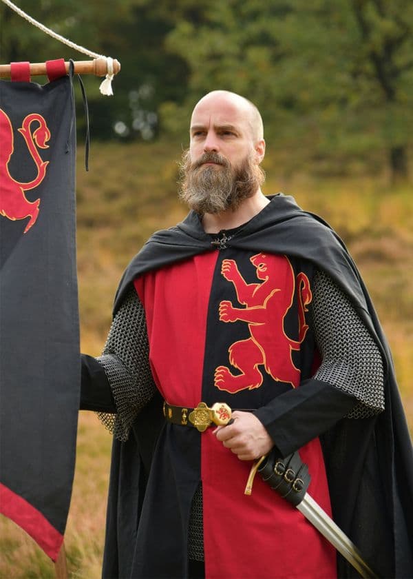 Lined Medieval Tabard with Lion, Mi-Parti, Blue - Red-Black
