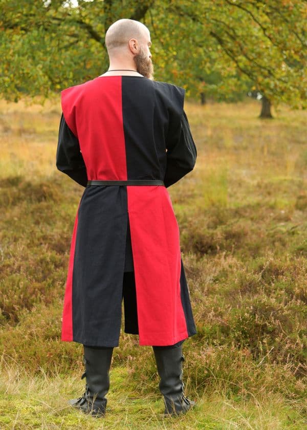 Lined Medieval Tabard with Lion, Mi-Parti, Blue - Red-Black