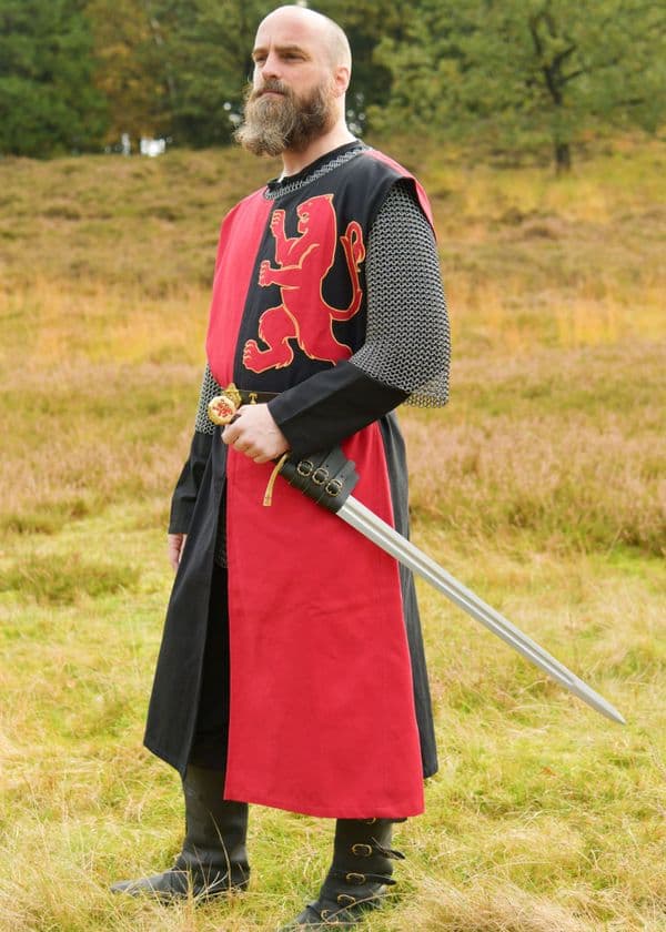Lined Medieval Tabard with Lion, Mi-Parti, Blue - Red-Black