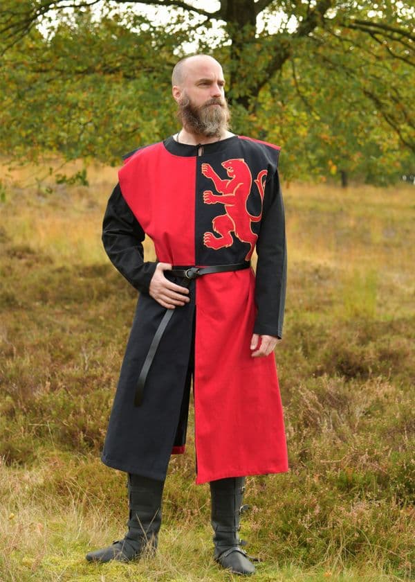Lined Medieval Tabard with Lion, Mi-Parti, Blue - Red-Black
