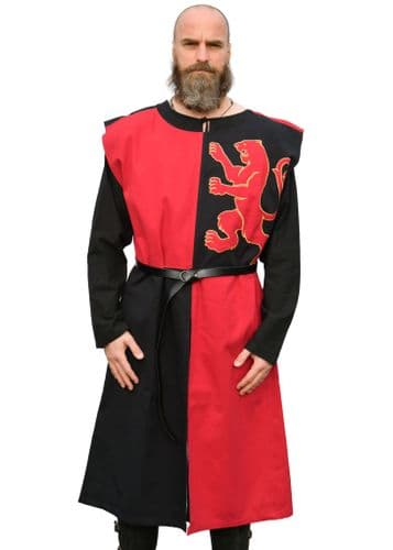 Lined Medieval Tabard with Lion, Mi-Parti, Blue - Red-Black
