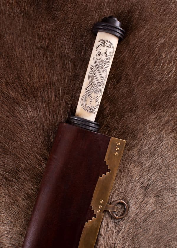 Long  Viking Seax Knife, Bone Handle with Norse Motif in Jellinge Style, 10th c.