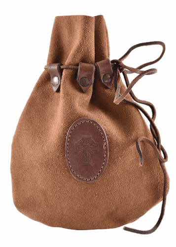 Medieval Drawstring Leather Bag with Celtic Cross
