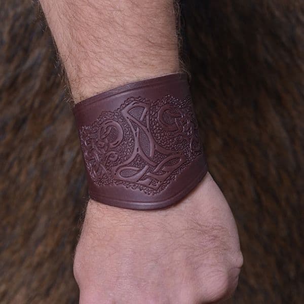Short Leather  Wrist Guard With Thor's Hammer
