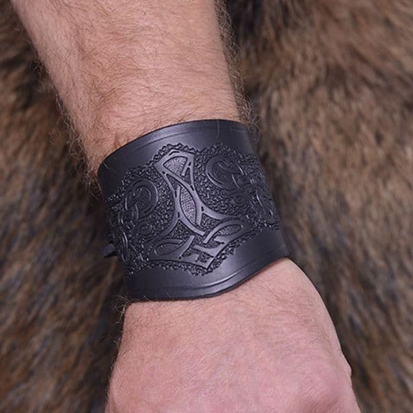 Short Leather Wrist Guard With Thor's Hammer