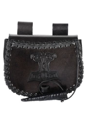 Small Leather Belt Pouch with Thor's Hammer Embossed, Black