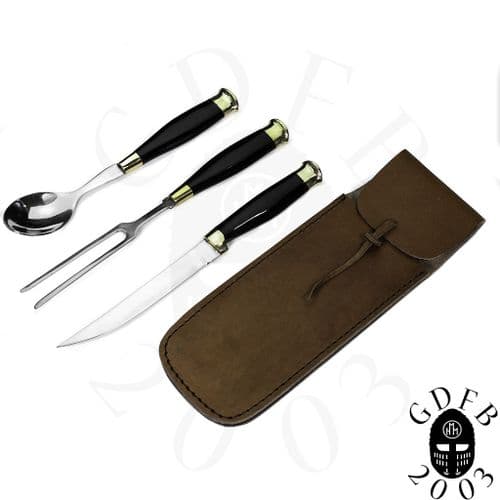 Three Piece Cutlery Set With Leather Sheath and Horn Handles