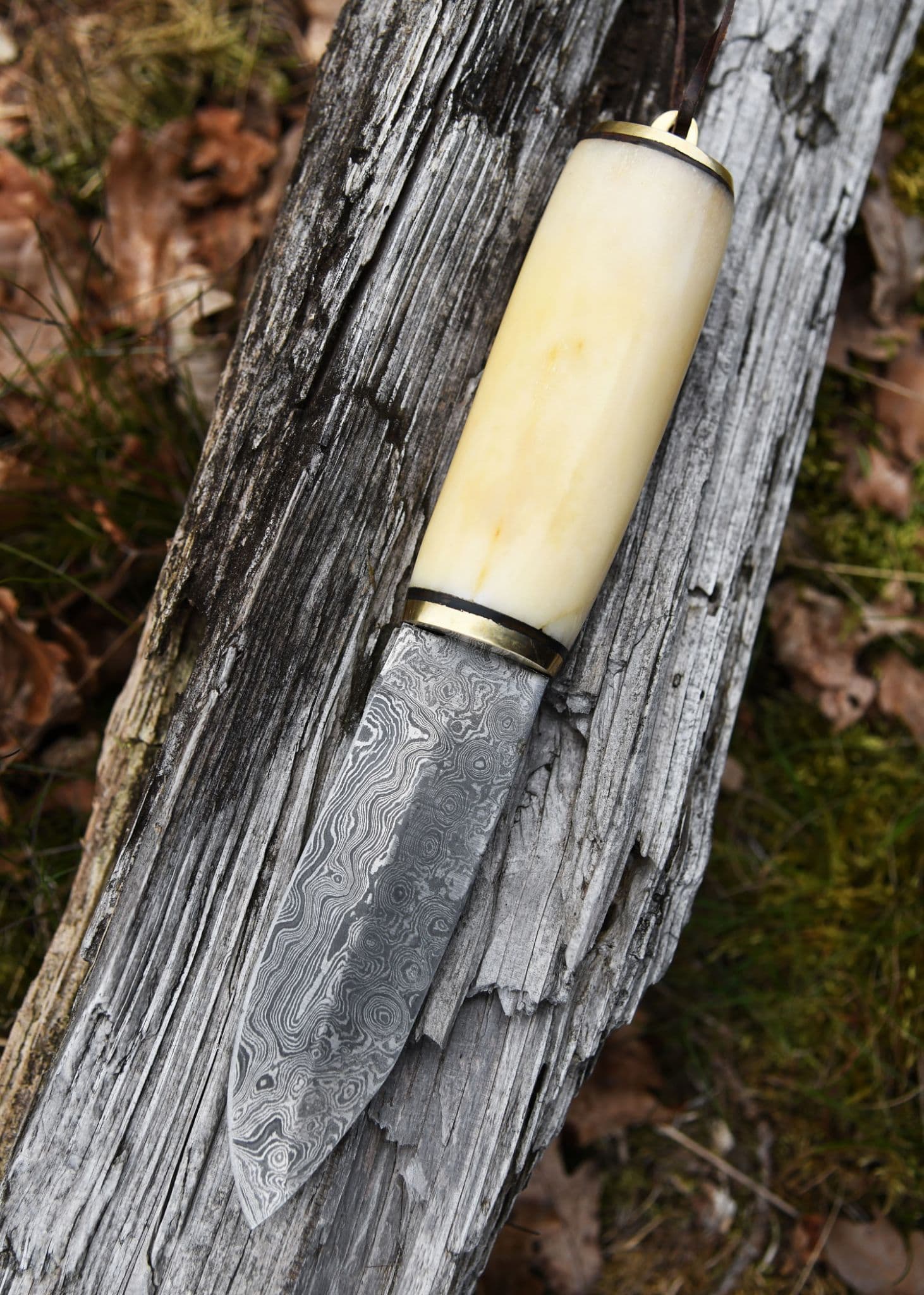 Utility Knife Bone Handle and Leather Sheath Damascus Steel