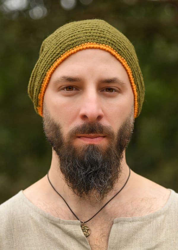 Wool Cap Crocheted -Green with Yellow Trim