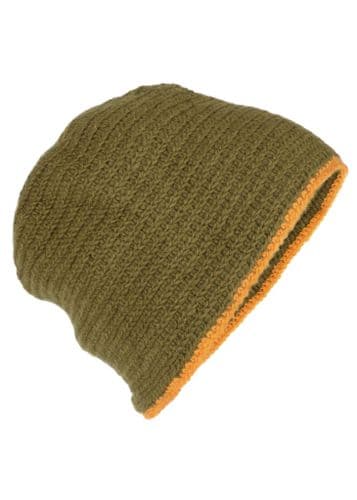 Wool Cap Crocheted -Green with Yellow Trim