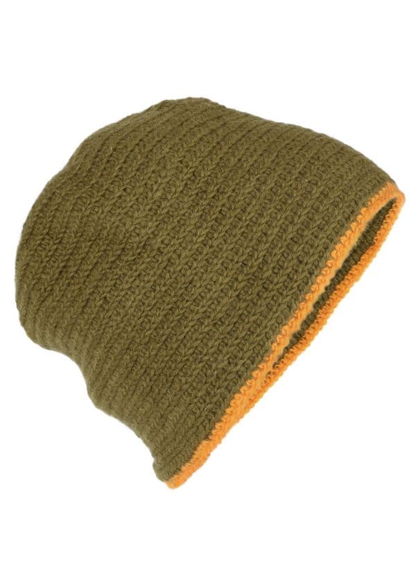 Wool Cap Crocheted -Green with Yellow Trim