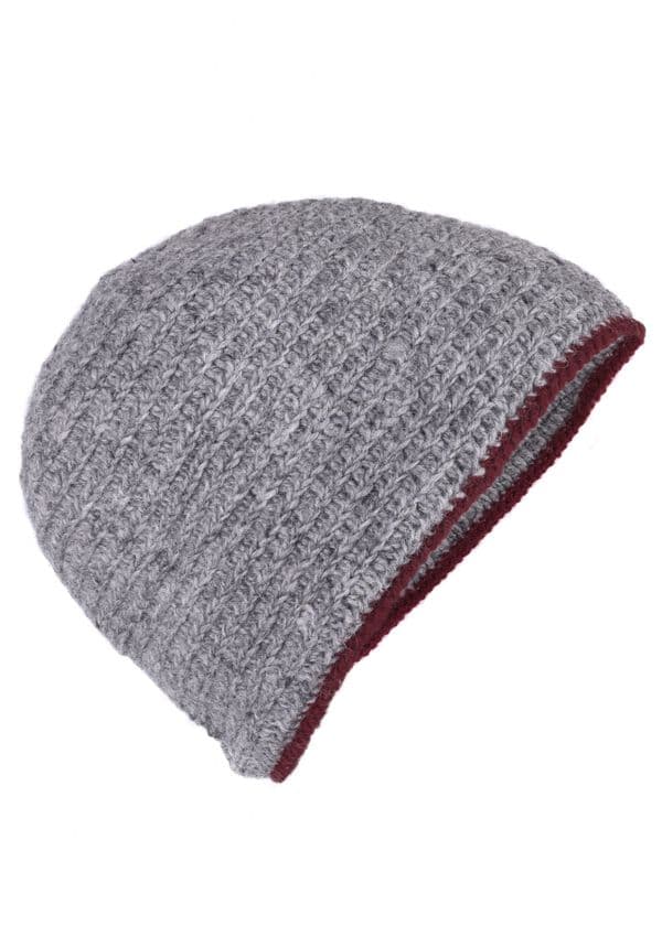 Wool Cap Crocheted -Grey with Red Trim