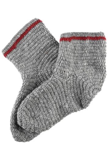 Wool Socks -Crocheted, Grey with Red Trim