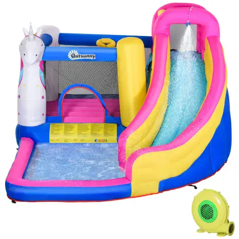Girls Pink Unicorn Waterfall  Bouncy Castle & Pool