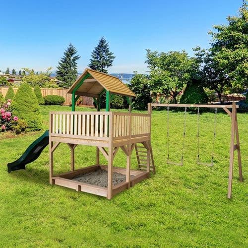 Jumbo Jungle Lookout Playhouse With Sandpit, Wavy Slide and Double Swing