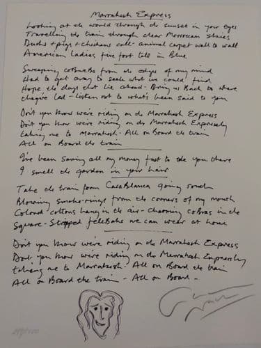 MANUSCRIPT ORIGINALS Graham Nash "Marrakesh Express" Hand signed and Illustrated lyrics