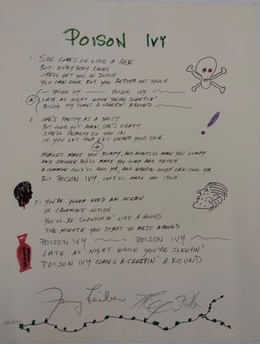 MANUSCRIPT ORIGINALS Jerry Leiber & Mike Stoller "Poison Ivy" Hand signed and illustrated lyrics