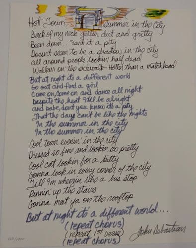 MANUSCRIPT ORIGINALS John Sebastian "Summer In The City" Hand signed and illustrated lyrics