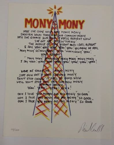 MANUSCRIPT ORIGINALS Tommy James and Ritchie Cordell "Mony Mony" Hand signed and illustrated lyrics