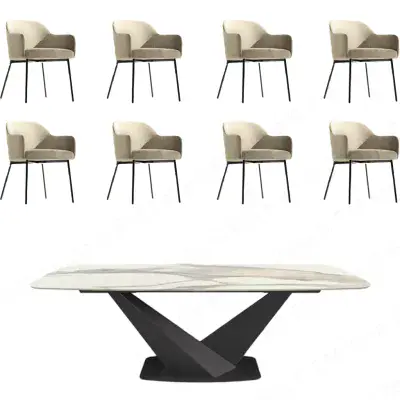 Zenith 239 cm Ceramic Dining Table & 8 Elvis Chairs (Velvet)