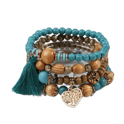 Beaded Boho Wooden Bracelet Blue 4 piece Set with Tree & Tassel Charms