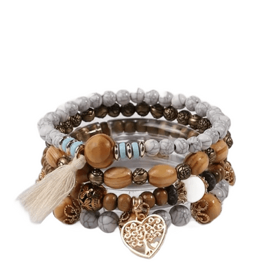 Beaded Boho Wooden Bracelet White piece Set with Tree & Tassel Charms