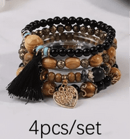Black Beaded Boho Wooden Bracelet 4 piece Set with Tree & Tassel Charms
