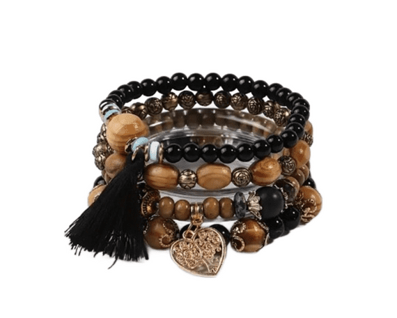 Black Beaded Boho Wooden Bracelet 4 piece Set with Tree & Tassel Charms