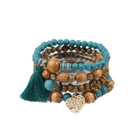 Blue Beaded Boho Wooden Bracelet 4 piece Set with Tree & Tassel Charms
