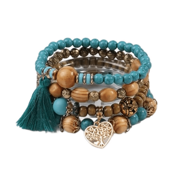 Blue Beaded Boho Wooden Bracelet 4 piece Set with Tree & Tassel Charms