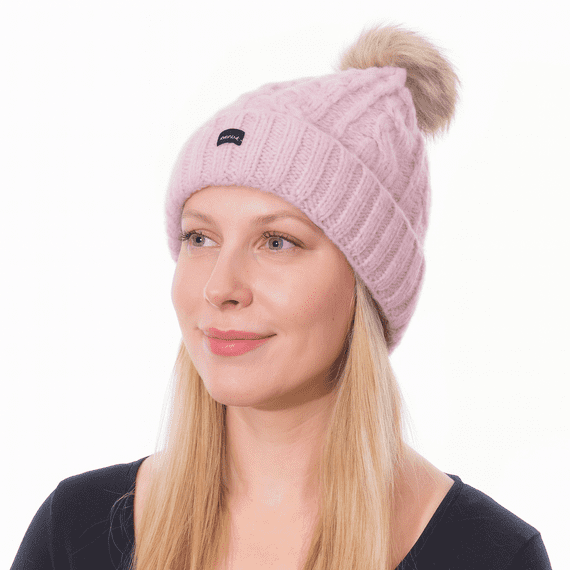 Bobble Hat Pink Knitted Pom Beanie Ski Hat