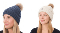 Bobble Hats 2 Pack Pom Beanies Cream Blue Knitted Hats