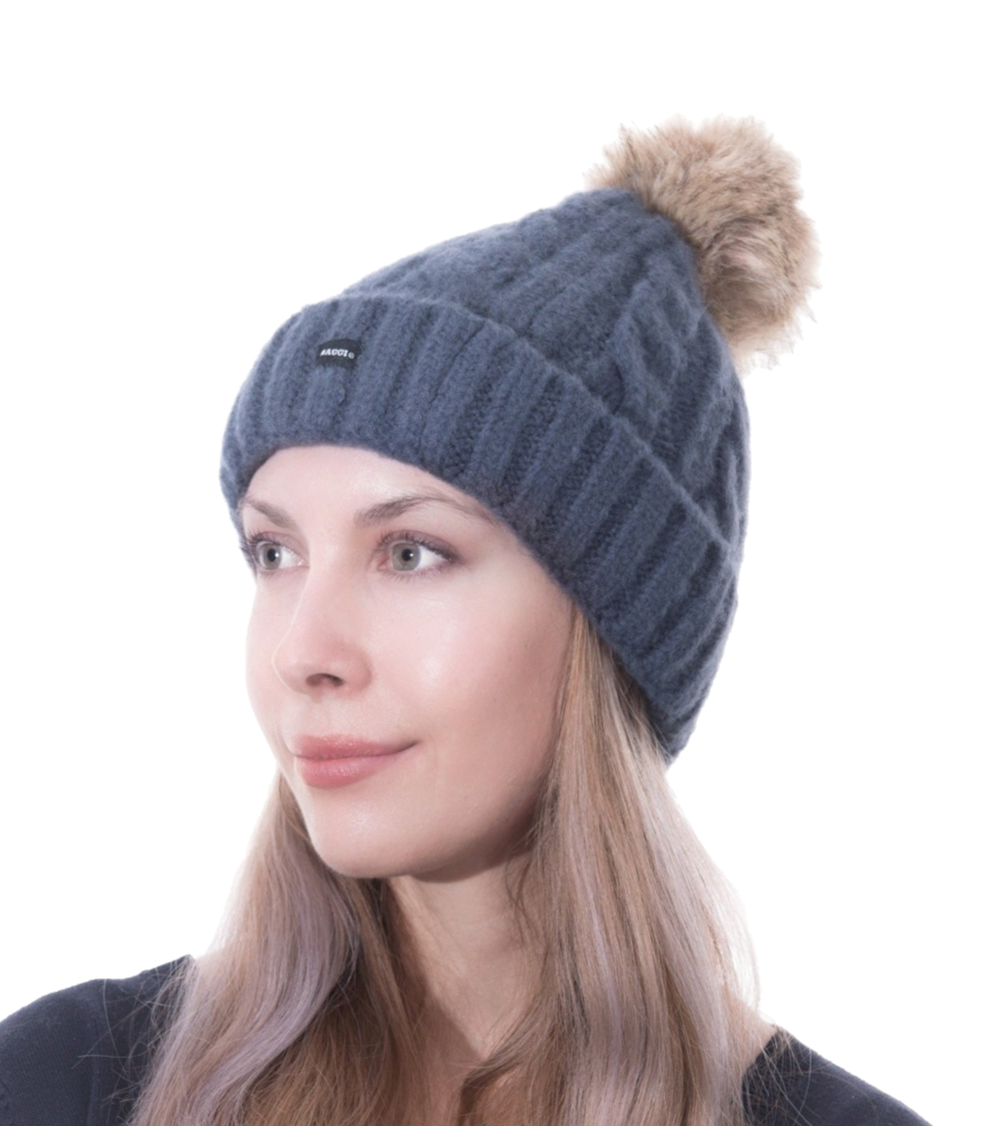 Bobble Hats 2 Pack Pom Beanies Cream Blue Knitted Hats