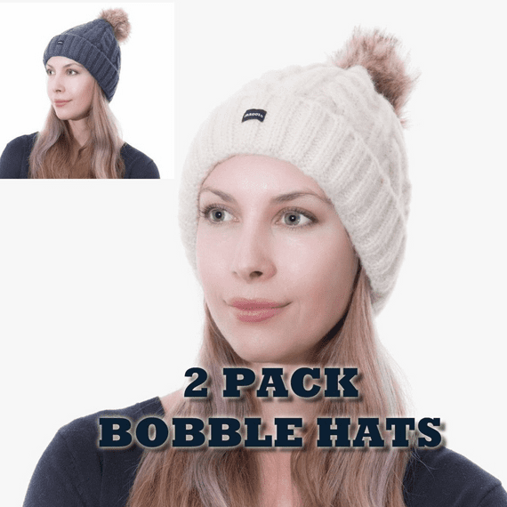 Bobble Hats 2 Pack Pom Beanies Cream Blue Knitted Hats