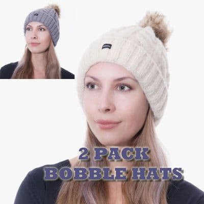 Bobble Hats 2 Pack Pom Beanies Grey Cream Knitted Hats