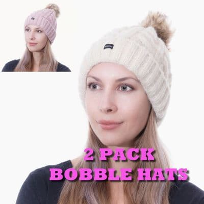 Bobble Hats 2 Pack Pom Beanies Pink Cream Knitted Hats