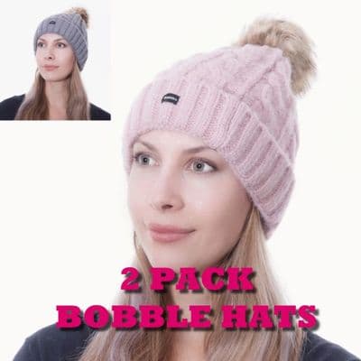Bobble Hats 2 Pack Pom Beanies Pink Grey Knitted Hats