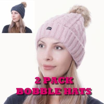 Bobble Hats 2 Pack Pom Beanies Ski Pink Blue Knitted Hats