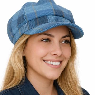 Tweed Baker Boy Hat Blue Plaid Newsboy Cap