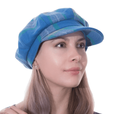 Tweed Baker Boy Hat Strathy Blue Plaid Newsboy Cap