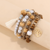 White Beaded Boho Wooden Bracelet 4 piece Set with Tree & Tassel Charms
