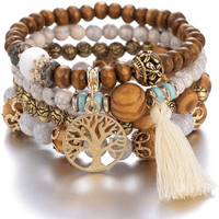 White Beaded Boho Wooden Bracelet 4 piece Set with Tree & Tassel Charms